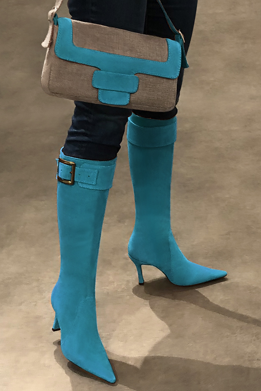 Turquoise blue women's feminine knee-high boots. Pointed toe. Very high spool heels. Made to measure. Worn view - Florence KOOIJMAN
